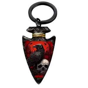Keychain Black Raven & Skull Viking indian arrowhead Gothic Wiccan emo vamp Punk